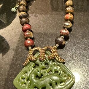 Heidi Daus Carved Artistry Serpentine Jade Green and Gold Statement Necklace